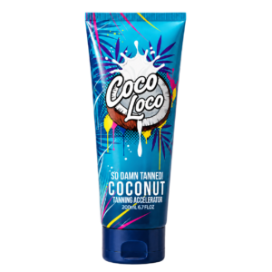 Coco Loco coconut tanning accelerator lotion tube with white script lettering and black outline