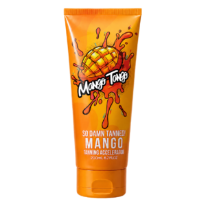 Mango Tango mango tanning accelerator lotion tube with white script lettering and black outline