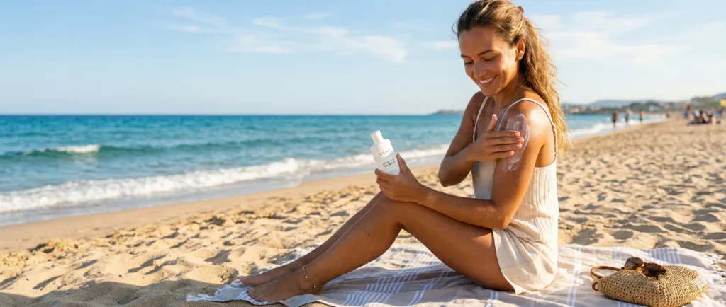 Woman applying moisturiser on sunny beach to help maintain a smooth long lasting summer tan