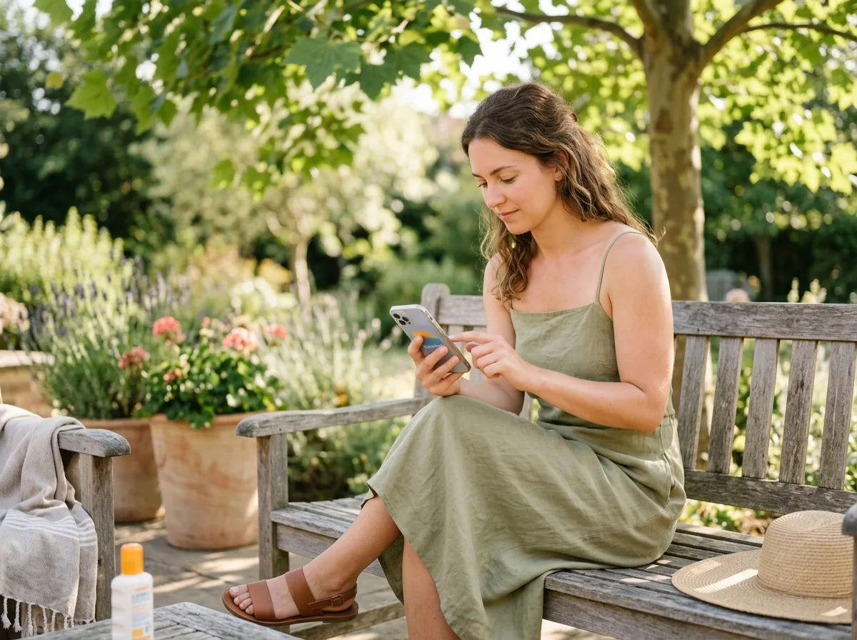 Woman checking the UV index on her phone before tanning outdoors