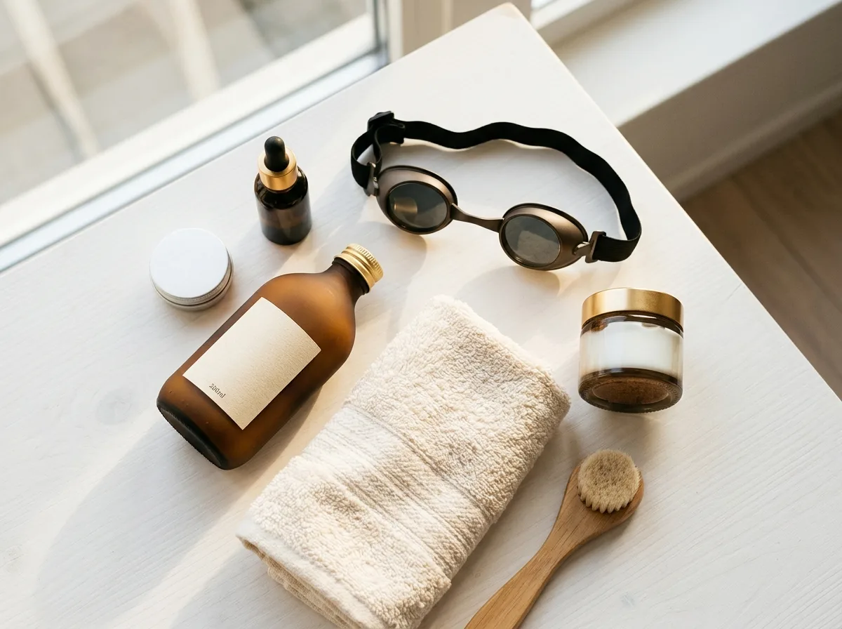 Indoor tanning prep items with tanning intensifier lotion on a bright surface