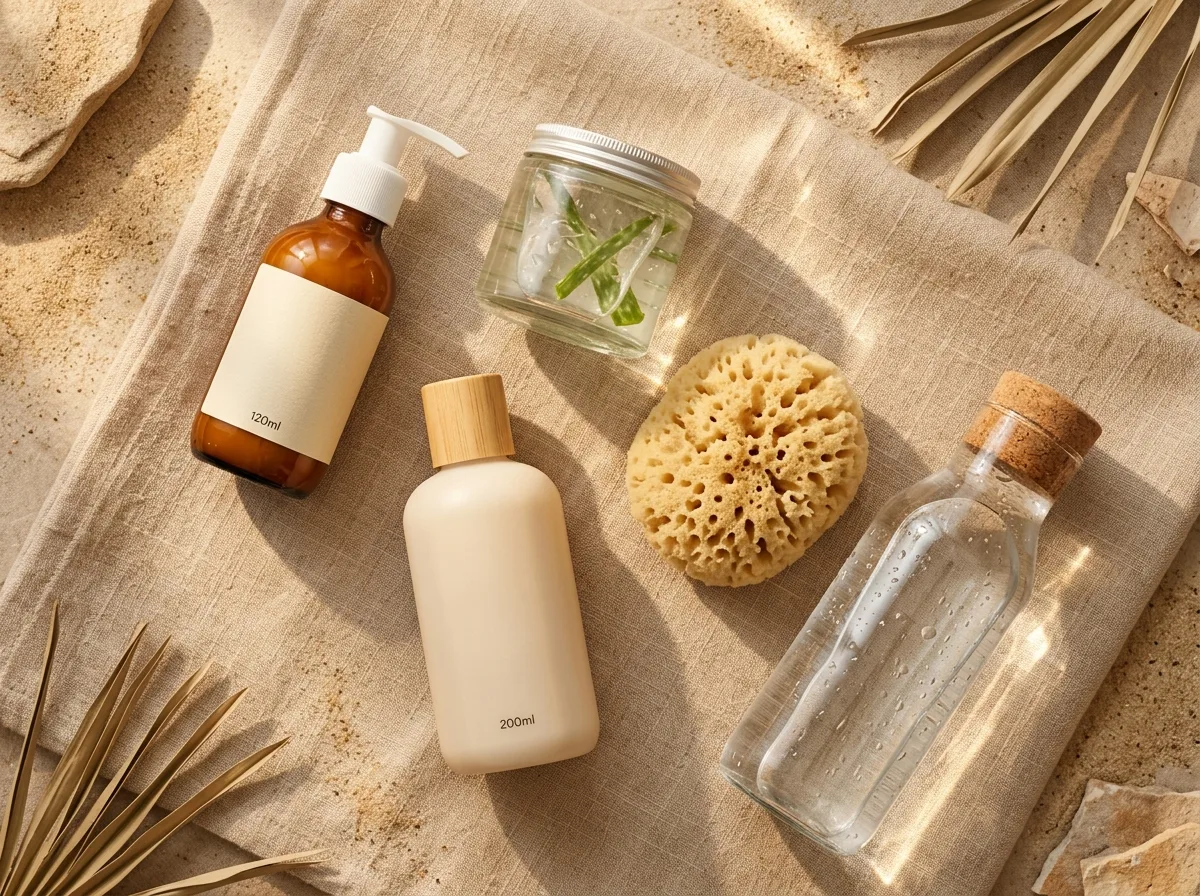 After sun skincare flat lay with lotion aloe and water for tan aftercare