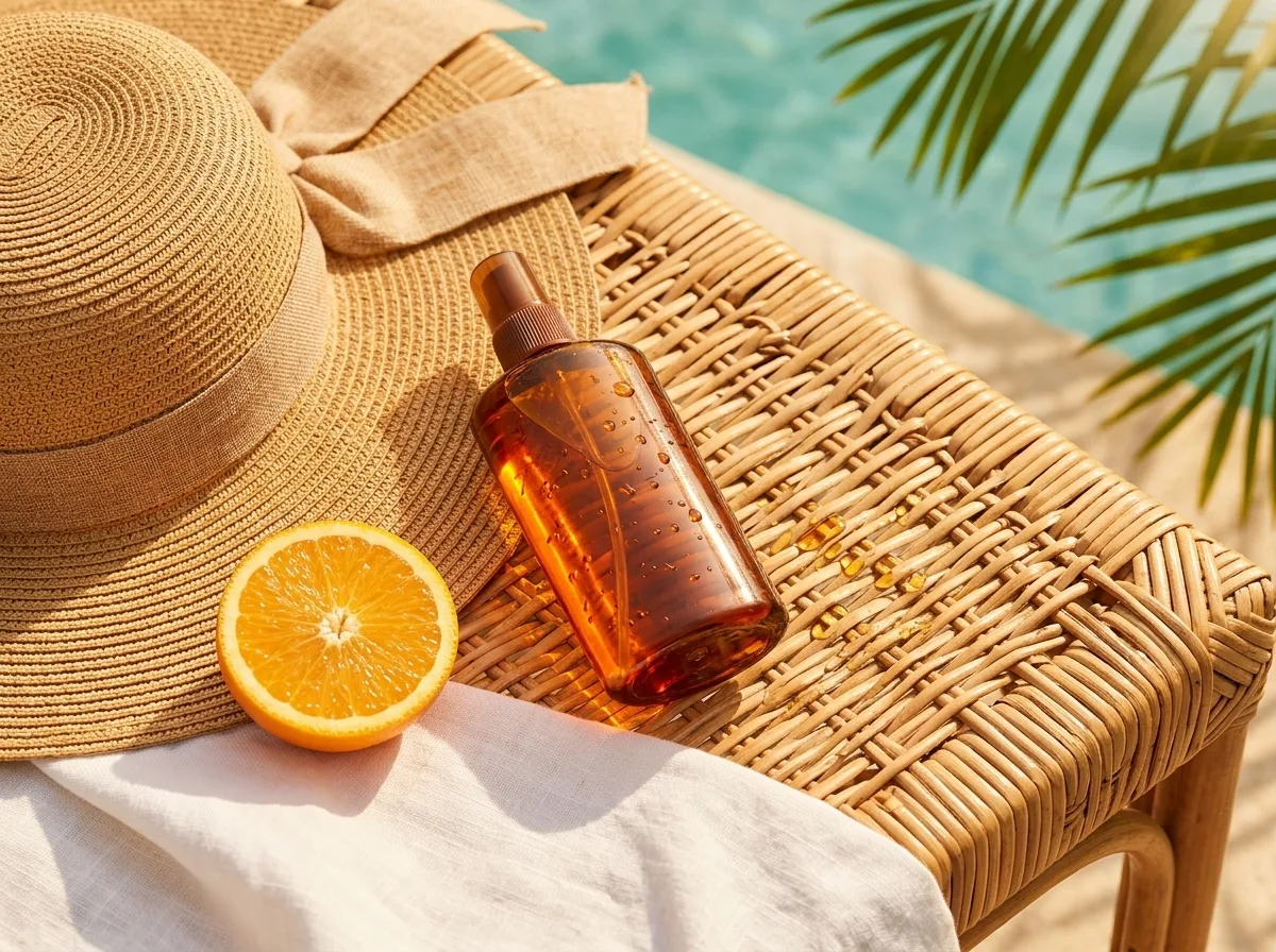 Tanning oil bottle on a wicker sun lounger with hat and orange in sunlight