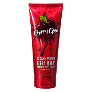 Cherry Good tanning accelerator lotion tube with white script lettering and black outline