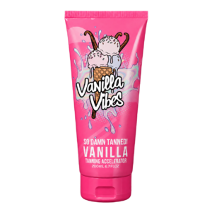 Vanilla Vibes tanning accelerator lotion tube with white script lettering and black outline