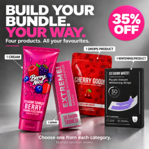 Build Your Bundle with 35% off: choose one cream, one spray, one drops product and one teeth whitening product. Example So Damn Tanned selection shown.